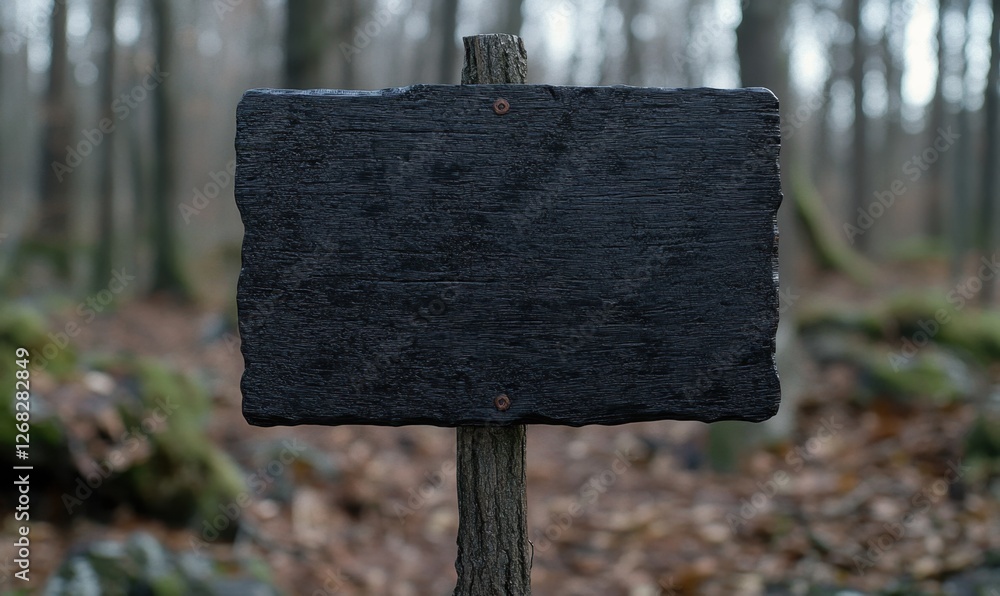 Poster a weathered wooden signpost stands in a tranquil forest with fallen leaves and trees in the backgrou
