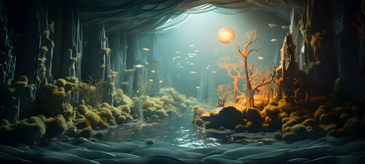 Obraz premium A miniature ocean world model was created using delicate origami techniques to create a three-dimensional effect, Ai Generative