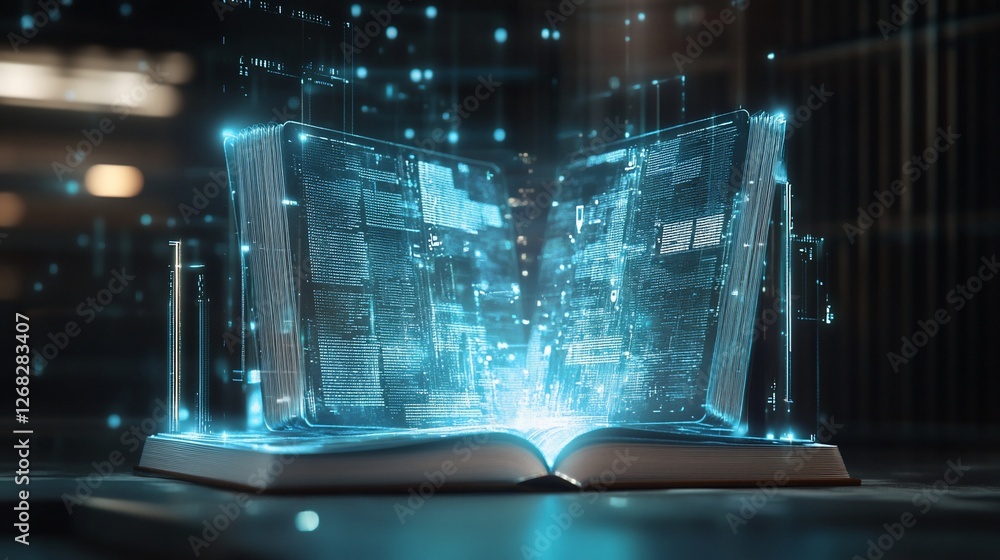 Poster open book displaying digital data and holographic futuristic information with bright lights