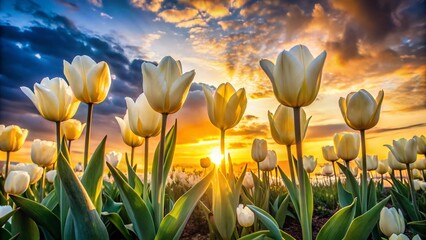 Fototapeta premium Silhouetted Spring Tulips: Yellow and White Garden Flowers at Sunset