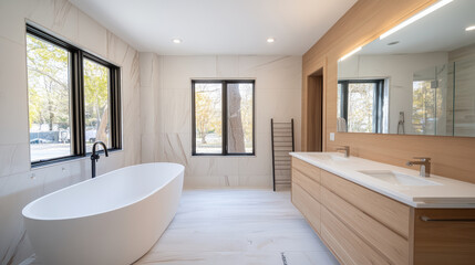 Fototapeta premium Modern bathroom with freestanding tub and wooden vanity