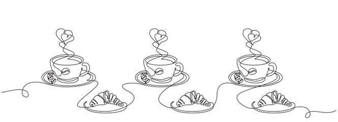 breakfast with croissant and coffee drawn in one line style.	