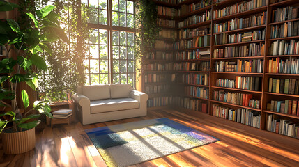 cozy home library featuring comfortable sofa, bookshelves filled with books, and natural light streaming through large windows