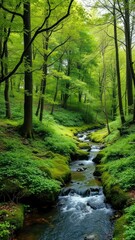 Obraz premium Lush green forest with a small stream flowing through it, trees, nature, water