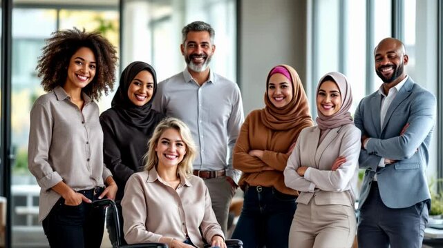 Group of multiethnic employees standing together in office. Disabled Caucasian woman in wheelchair, Muslim women, African man and woman, and Latino man representing diversity, inclusion, and teamwork