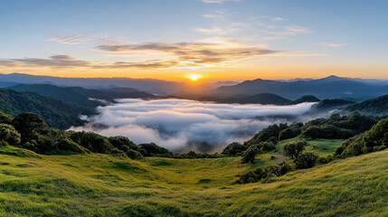 Obraz premium tranquil sunrise over misty valley, showcasing nature beauty