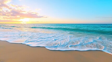 Obraz premium Serene Sunset Over Calm Ocean Waves On Sandy Beach