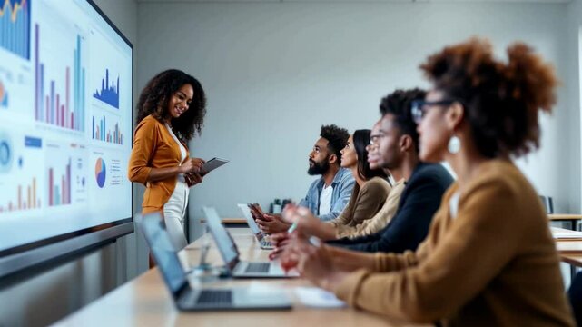 Young Afro businesswoman using digital interactive whiteboard with sales charts and graphs during presentation or workshop with employees or colleagues in the office meeting room while holding tablet