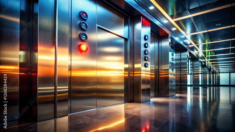 Poster silhouette of elevator buttons and led display reflecting soft light on polished metal