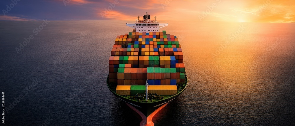 Poster front view of a large container ship navigating the ocean in an international shipping route