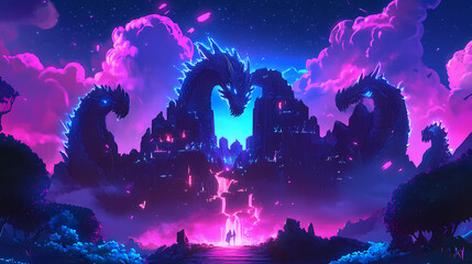 Obraz premium A sky kingdom where massive dragon statues hold up floating islands, their eyes glowing with ancient power. Thunder-Chained Titans. Illustration