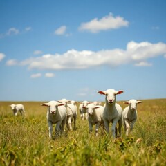 Fototapeta premium Lambs grazing in a sunny meadow with a few wispy clouds, farm life,