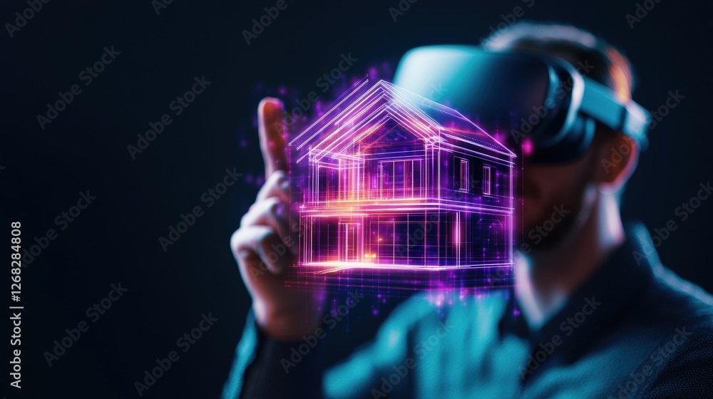 Poster man in suit using virtual reality headset for architectural design and planning in modern office set