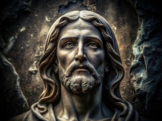 Silhouette of Jesus Christ Face, Close-up Stone Sculpture, Religious Art, Spiritual, Faith