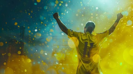 Naklejka premium A football player celebrating a goal with arms raised high with
