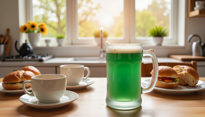 Obraz premium Green beer mug with coffee and sandwiches on wooden table