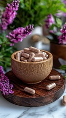 Fototapeta premium A colorful display of pills and fresh flowers arranged in a bowl on a wooden table
