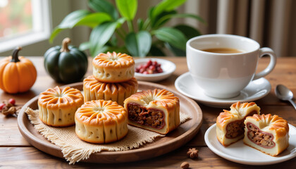 Mooncakes on wooden table with tea and pumpkins