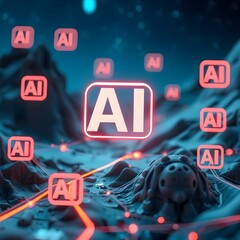 La marca "AI" se encuentra en varios lugares de la pantalla, un fondo realista con una mezcla de virtualidad y realidad.