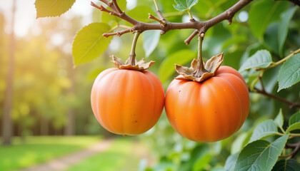Orange persimmons hanging on tree branch in bright garden