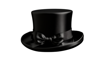 Elegant black top hat with silk ribbon on transparent background