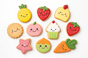 Cute fruit & dessert cookies on white background