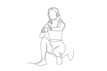 Woman checking pulse on neck using smartwatch. Counting pulse concept one-line drawing