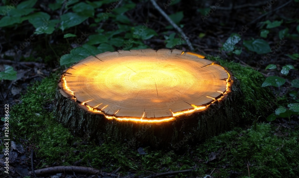Poster illuminated tree stump surrounded by lush greenery in a tranquil forest setting