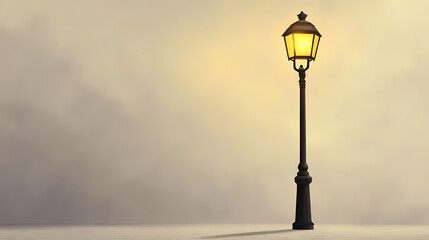 A classic street lamp with a black pole and yellow light, standing on a white base against a soft background. Phantom-Lit Street Lamps. Illustration