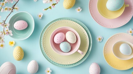 Fototapeta premium Pastel Easter eggs on plates, spring flowers, table setting