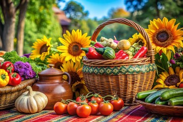 Slavic Harvest Festival: Vibrant Vegetables & Sunflowers