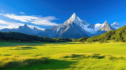 Fototapeta premium Majestic Snowcapped Mountains Rise Above Verdant Meadow