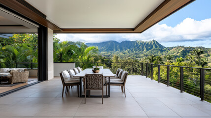 Fototapeta premium Inviting patio with dining set surrounded by lush greenery and mountains