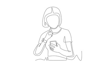 Woman checking pulse in neck using smartphone. Counting pulse concept one-line drawing