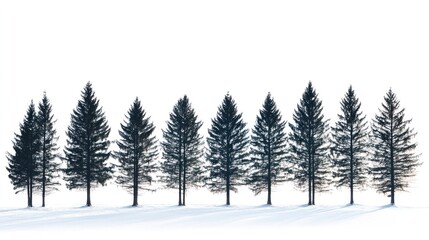 Obraz premium Snowy landscape, evergreen trees, winter, row of pines, white background, nature scene, postcard
