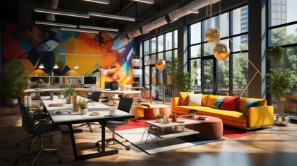 Modern and vibrant co-working space design with a colorful mural, large windows, and comfortable seating. Ideal for creative professionals and startups.