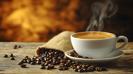 Steaming coffee cup, burlap sack, beans, wood table, warm background; cafe menu