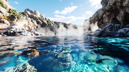serene hot spring surrounded by rocky cliffs and misty steam rising, creating tranquil atmosphere