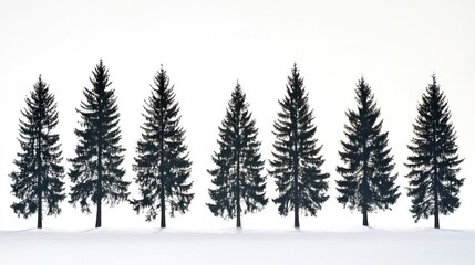 Fototapeta premium Silhouetted pine trees on snowy landscape, winter scene, nature background, ideal for cards