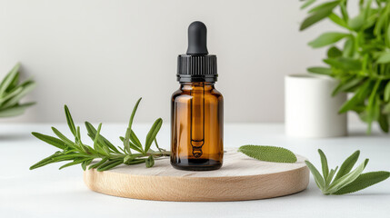 Amber glass dropper bottle with herbs on wooden surface