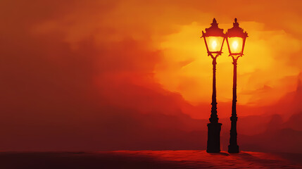 Obraz premium As the sun sets behind the horizon, the street lamp begins to glow softly, casting a warm light on the pavement below. Phantom-Lit Street Lamps. Illustration