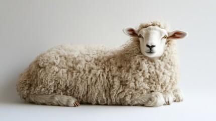 Fluffy sheep resting, studio shot, white background, farm animal