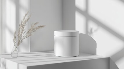 Minimalist White Product Display with Dried Grass and Window Light
