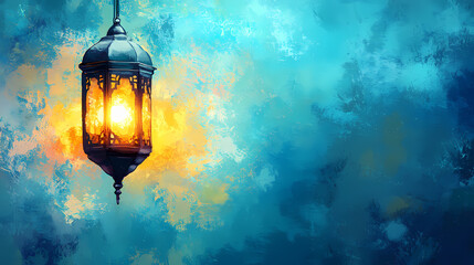 Greeting you with eid mubarak and ramadan kareem, featuring an islamic lantern situated behind an arabic lamp on a blue background. Phantom-Lit Street Lamps. Illustration