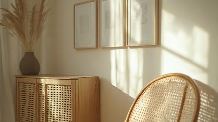 Sunlight streams into living room, illuminating rattan chair and cabinet