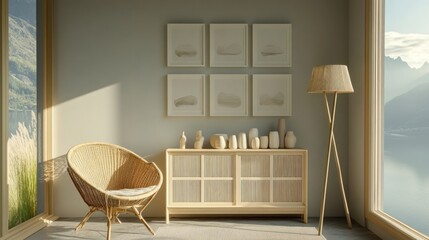 Serene mountain view living room, rattan chair, sunlight