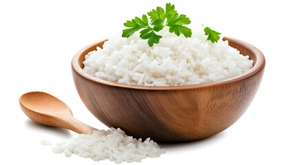 Wooden bowl brimming with fluffy white rice, garnished with fresh parsley. 