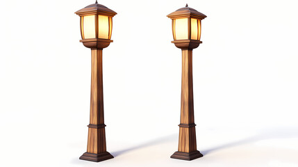 Fototapeta premium Rustic floor lamp with a wooden base and fabric shade, isolated on a white background, high-quality photo. Phantom-Lit Street Lamps. Illustration