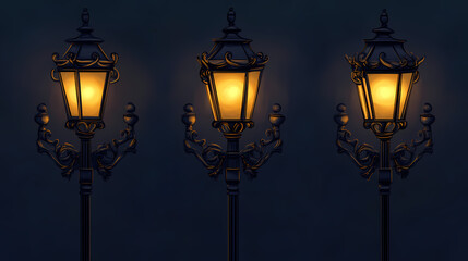 Triple ornate lampposts illuminated composition, street light design, architectural detail street lamps, victorian lamps. Phantom-Lit Street Lamps. Illustration