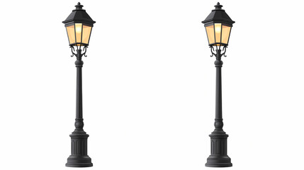 Vintage street lamp with a black base and illuminated glass shade on white background. Phantom-Lit Street Lamps. Illustration